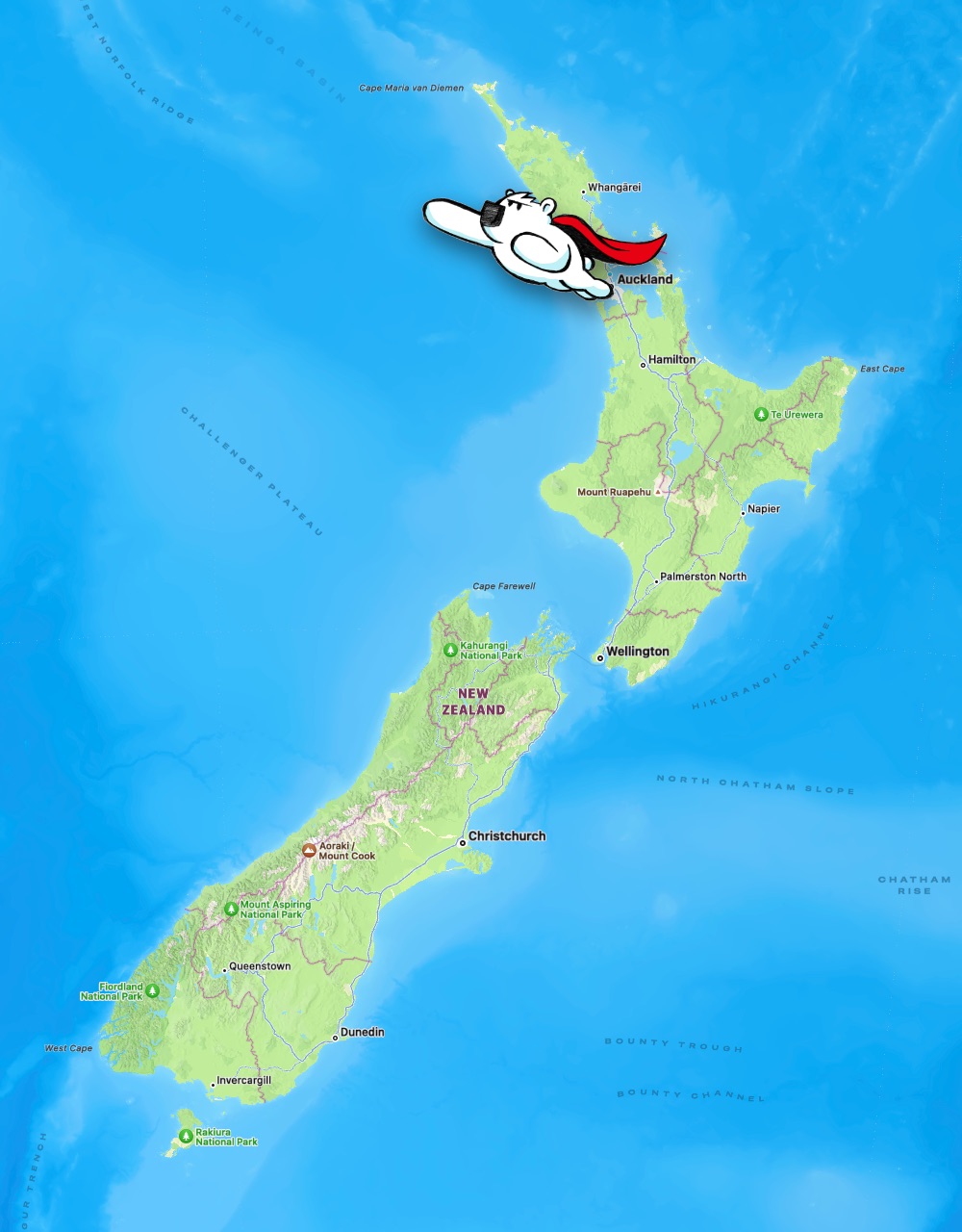 Map of New Zealand showing the location of Auckland